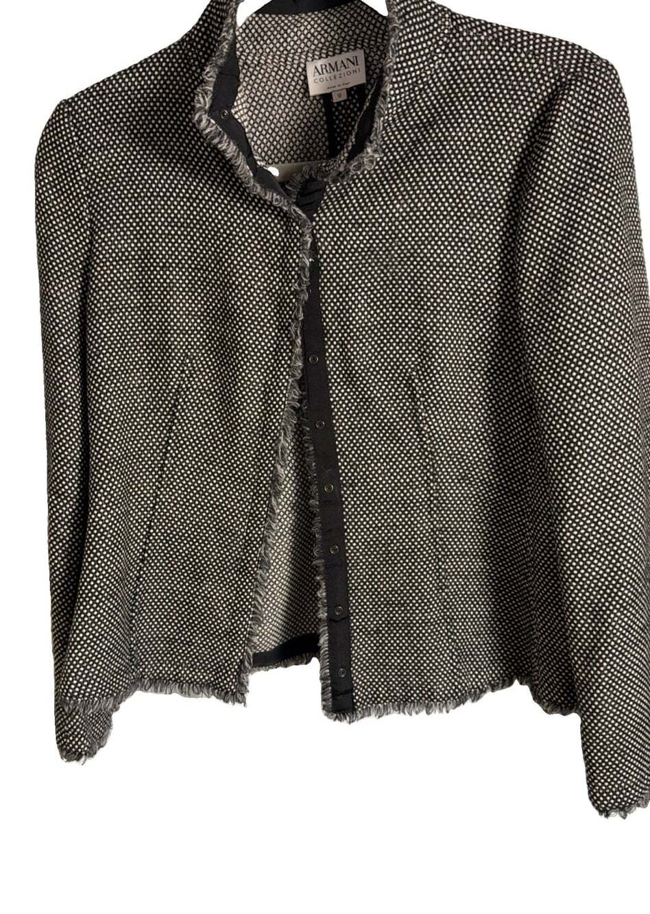Armani Collezioni Black White Textured Tweed Frayed Edge Jacket Blazer Italy 10